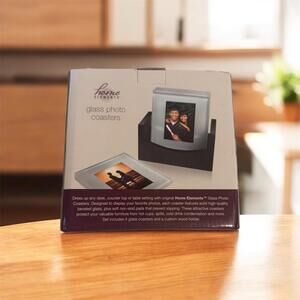HOME ELEMENTS GLASS PHOTO COASTER SET of 4 w/ WOOD HOLDING RACK New In Box